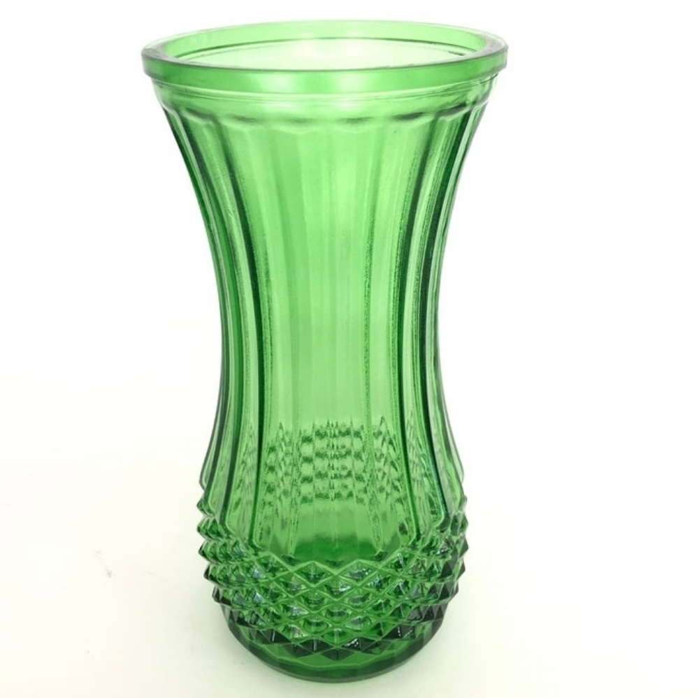 vintage Hoosier‎ Emerald Green Glass Floral Bouquet Vase Diamond Cut Ribbed